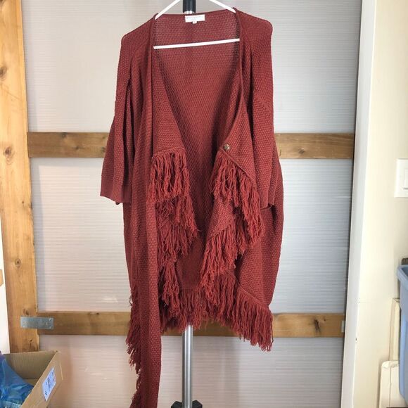 Opening CEREMONY Merino Wool Dark Red Fringe Scarf Short Slv Long Knit Cardigan - Picture 5 of 10